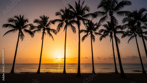 Stunning high-resolution photograph of tall palm trees silhouetted against the setting sun on the ocean shore. Travel