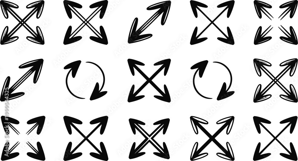 Fototapeta premium Set of black arrows indicating expansion and rotation on a white background