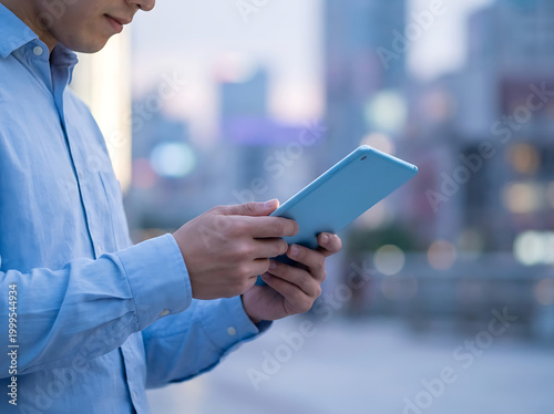 Business professional using a digital tablet in the city at night