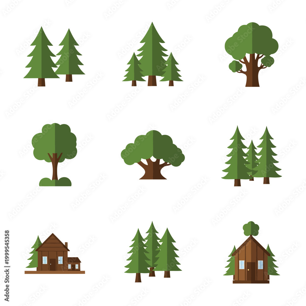 Fototapeta premium Flat Design Forest Elements: Trees, Pine Trees, Cabin, and Oak Tree Icons
