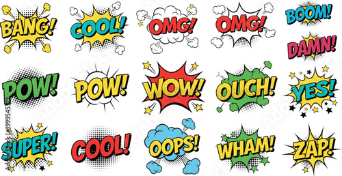 Comic Style Pop Art Expressions Set with OMG Wow Cool Pow Zap and Other Popular Words for Social Media Websites and Digital Media Designs