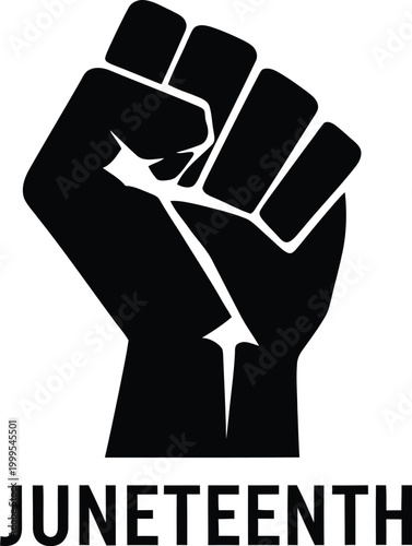 Juneteenth emblem raised black fist with text celebrating freedom and emancipation