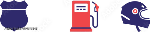Set of flat vector icons including a police badge, a gas station pump, and a motorcycle helmet for transport design