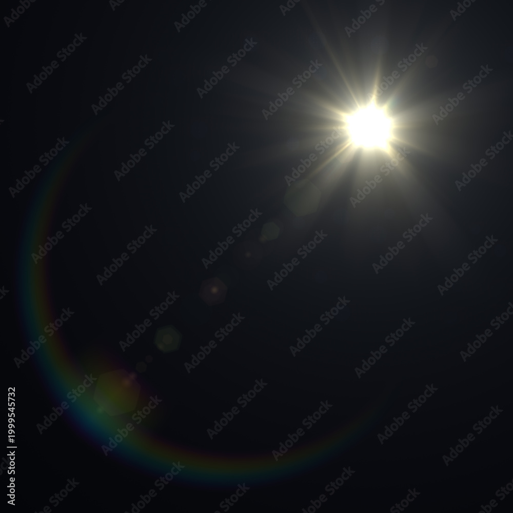 Fototapeta premium Cinematic lens flare light effect with glowing streaks, halos, and bokeh elements for visual effects and digital compositing