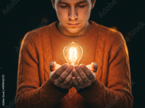 Man holding a glowing lightbulb in his hands as a symbol of new ideas