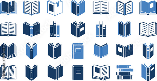 Modern Flat Design Blue Book Icon Set Collection with Various Open and Closed Book Symbols for Education