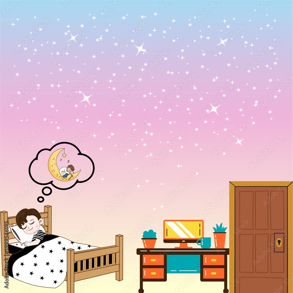 Obraz premium Cute Kid Sleeping and Dreaming Under Starry Pastel Night Illustration