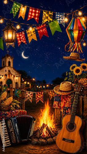 Festa Junina Night Scene with Bonfire, Guitar and Accordion, Colorful Flags and Lanterns, Brazilian São João Festival Background