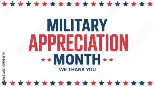 military appreciation month typography design with patriotic stars border and thank you message for honoring armed forces service