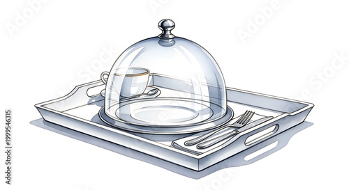 Room service tray with cloche and coffee cup on white background  