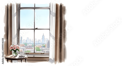 Hotel window with city skyline view and flowers on the table  