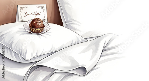 Hotel turndown service with chocolate on pillow and greeting card  
