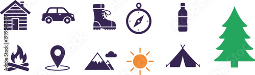 Set of travel and camping icons featuring cabin car boot compass water bottle campfire mountain sun and pine tree symbols