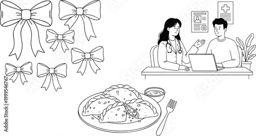 Mixed Illustration Set Featuring Decorative Gift Bows a Doctor Consultation With a Patient and a Plate of Delicious Traditional Empanadas Food Vector.