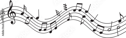 Musical notes on a wavy staff isolated on a transparent background