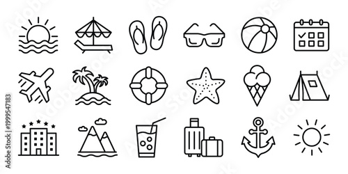 Summer vacation icon set. Holiday summer travel, beach, tourism line icons for app, website and UI design. Transparent PNG and vector illustration