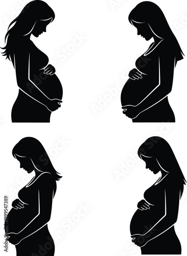 Pregnant Woman Silhouette Vector Art Set, Expectant Mother Maternity Illustrations, Scalable EPS SVG