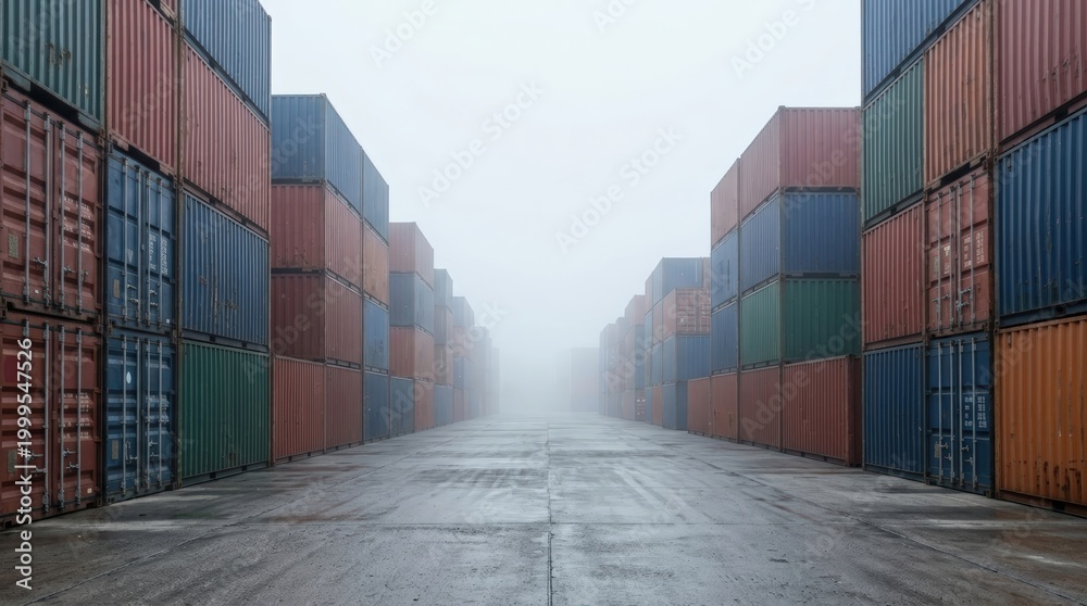 Fototapeta premium Empty lane between stacked shipping containers in storage yard