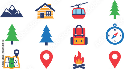 Set of colorful camping and travel icons including mountains cabin cable car trees backpack compass map and campfire