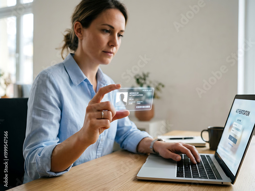 Woman Using Digital ID Card for Secure Online Authentication on Laptop