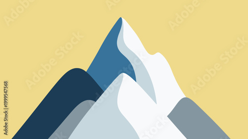 Stylized Mountain Peaks Landscape, Minimalist Design, Blue and White Snow Caps, Yellow Background