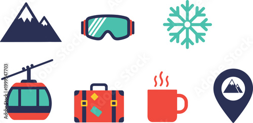 Set of colorful winter sports and mountain travel icons featuring ski equipment and vacation items for holiday design