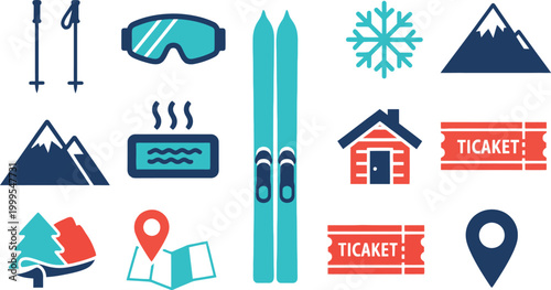 Set of colorful ski resort and winter sports icons including skis goggles mountain snowflake cabin and tickets