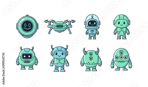 Cute cartoon robot character set with friendly cyborg monsters and tiny humanoid droids for kids tech illustrations
