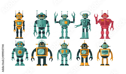 Vintage retro futurism robot set with classic humanoid droids and atomic age mechanical monsters