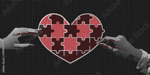 Red heart puzzle with hands connecting pieces