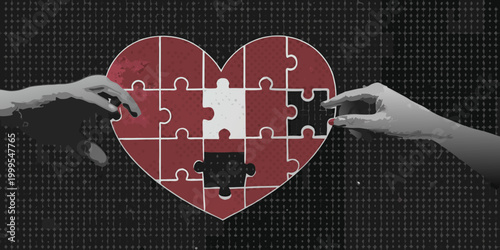 Red heart puzzle with missing piece hands reaching for connection