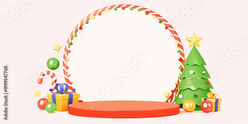 Fotografie Festive holiday frame with candy cane arch and christmas tree
