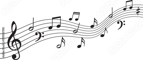 Musical notes on a wavy staff with treble and bass clef symbols