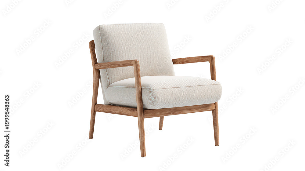 Fototapeta premium Modern Minimalist Armchair with Wooden Frame and Light Beige Fabric Upholstery Isolated on transparent background