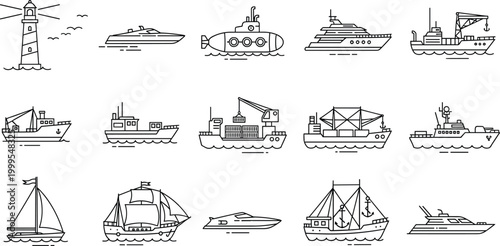 Set of Maritime Vectors with Ships, Boats, Submarine, Lighthouse, and Yacht Icons for Nautical, Ocean, and Travel Illustrations