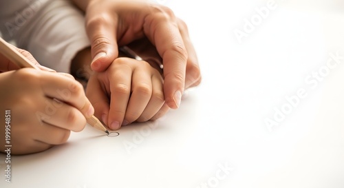 Adult's hand guiding child's hand to draw a small heart with pencil on white paper.
