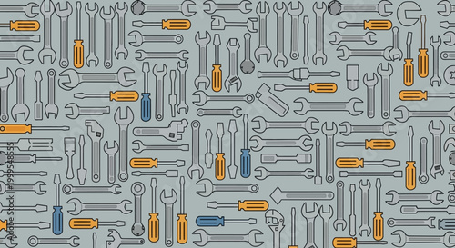 seamless pattern of various tools on gray background