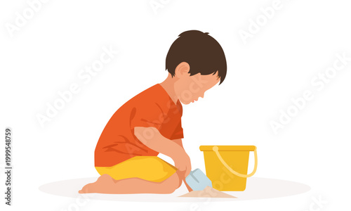  child playing with bucket and spade in sand