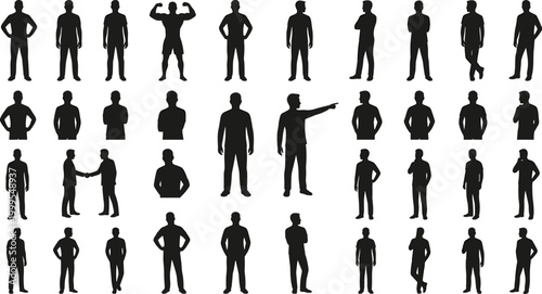 Business men silhouettes set professional male poses standing handshake corporate characters isolated vector collection