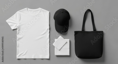 Flat lay mockup of white t-shirt, black baseball cap, and black tote bag on gray background