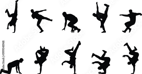 Breakdance dancer silhouettes set performing hip hop moves acrobatic street dance poses isolated vector illustration