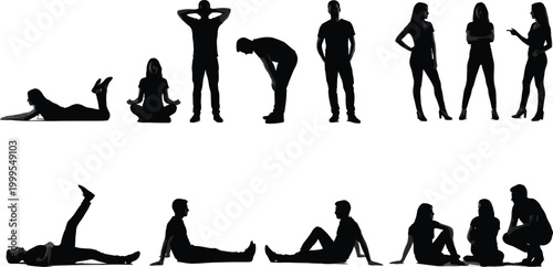 People silhouettes set sitting standing relaxing poses casual lifestyle characters isolated vector illustration collection