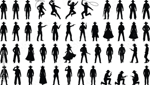 Wild west cowboy silhouettes set gunslinger poses rodeo lasso action western characters isolated vector illustration