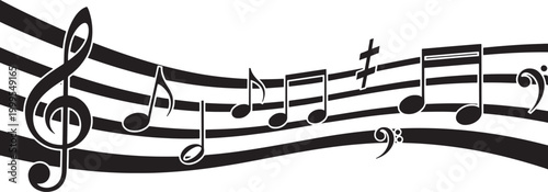 Abstract musical background with musical notes and symbols on staff