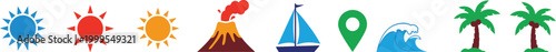 Set of colorful nature and travel icons featuring a sun volcano sailboat map pin and sea wave for web and mobile design