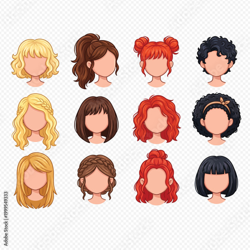 Detailed set of diverse female hairstyles featuring various trendy cuts, braids, and textures, perfect for beauty salon branding, character design, and fashion illustration projects in vector format.