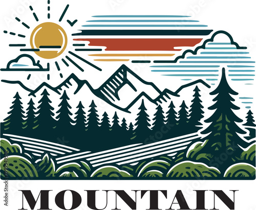 Vector illustration of house in mountain landscape with trees winter holiday design