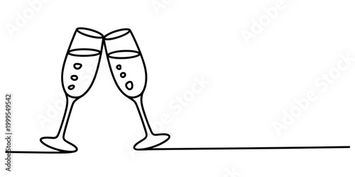 Two champagne glasses clinking together with bubbles, simple line drawing Vector, illustration