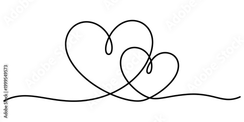 Two connected hearts drawn with a single continuous black line Vector, illustration