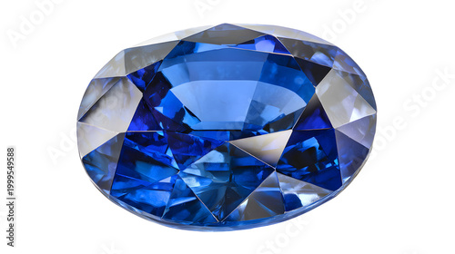 gemstone cutout of oval blue sapphire, precious faceted stone with deep color and brilliant luxury shine, sharp focus, clean edges high definition, isolated on white background